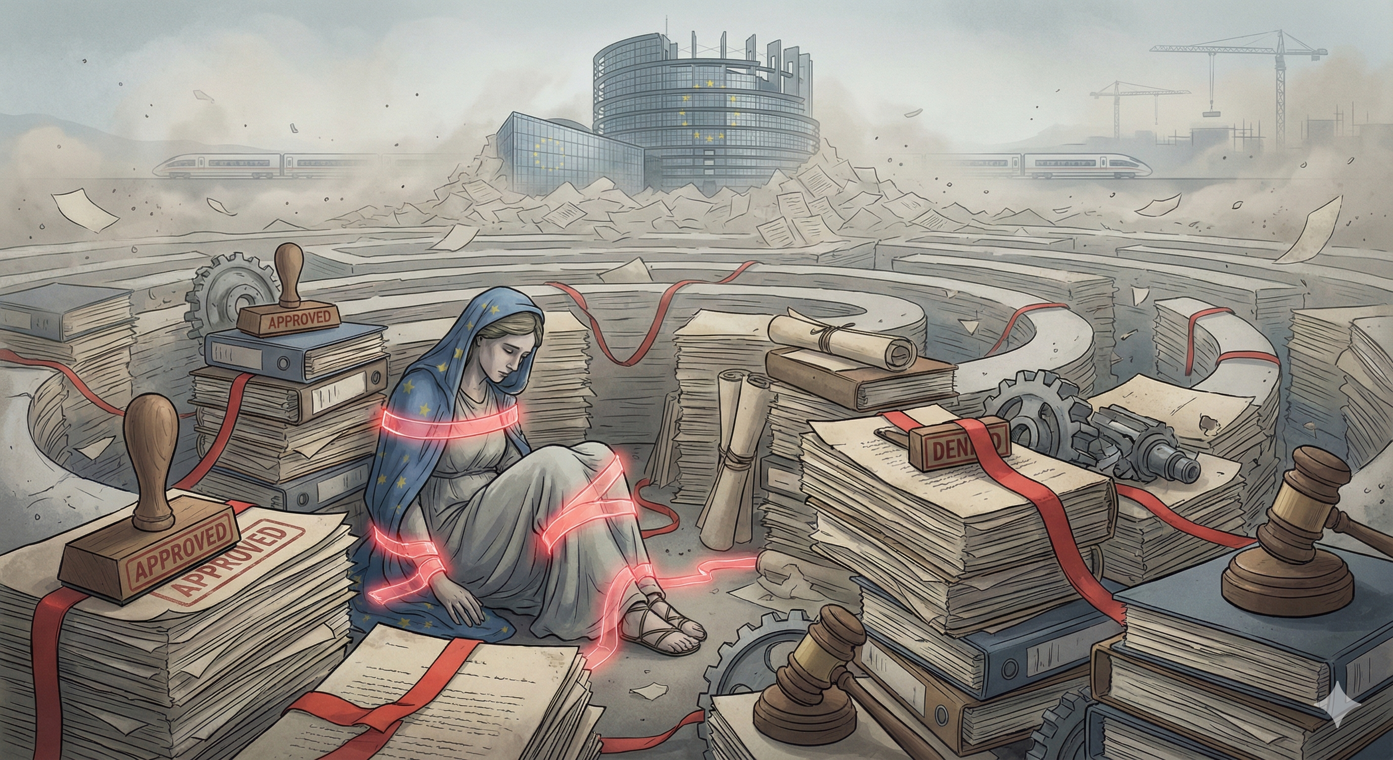 An illustration of Europa bound by tape that comes from law books around her